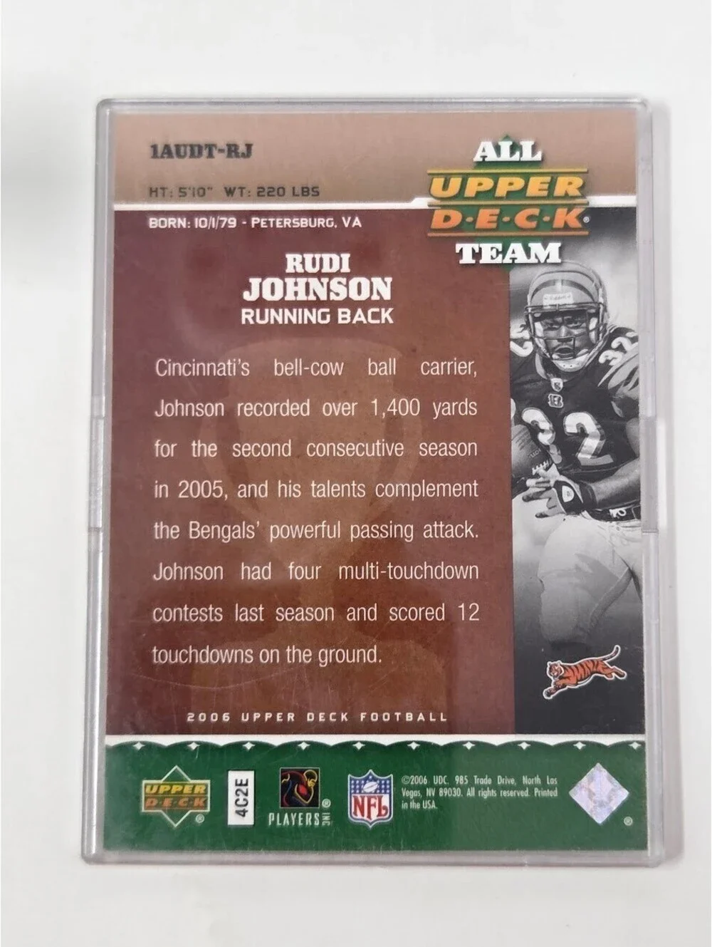2006 Upper Deck Rudi Johnson Bengals Signed Football Card RB Auto NFL